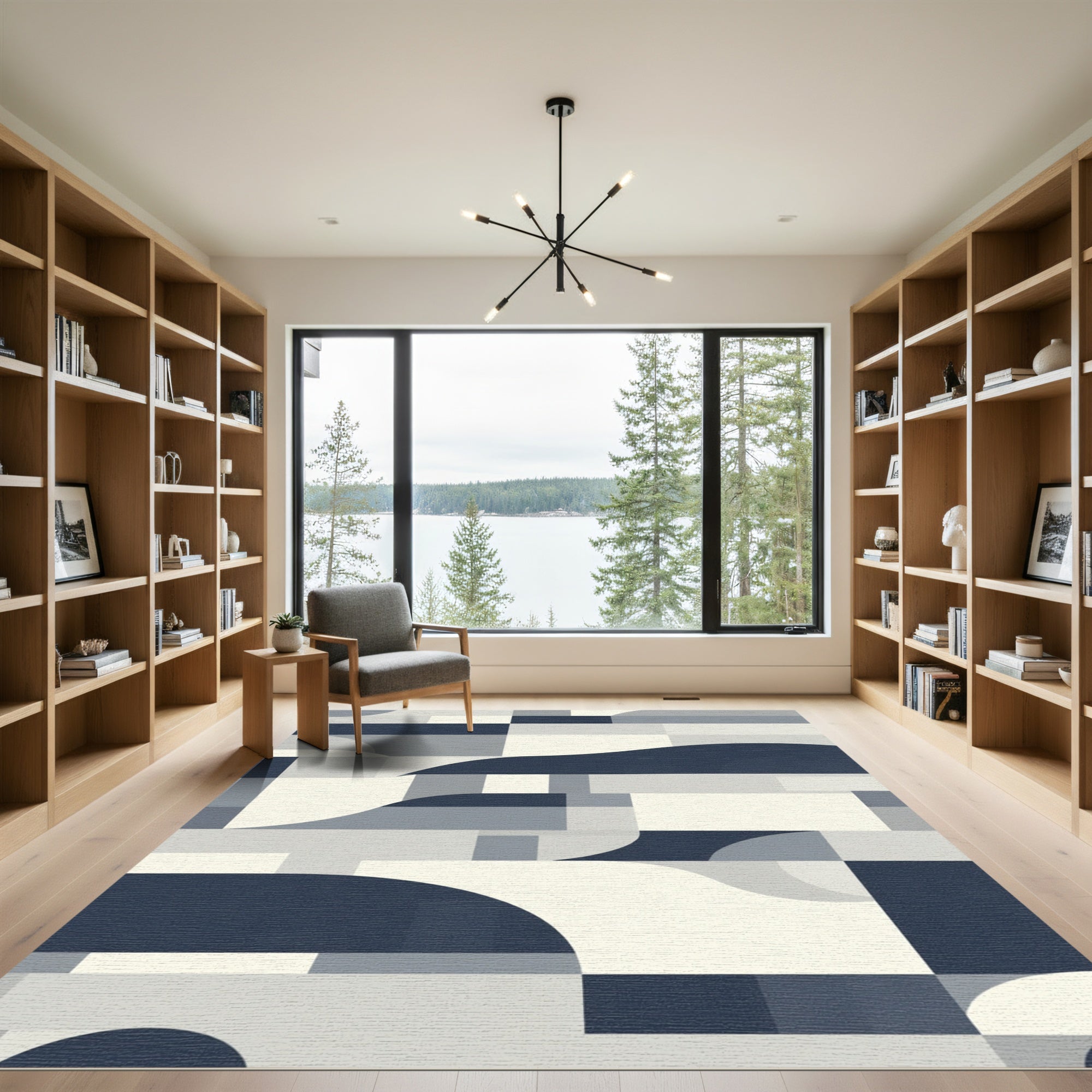 Modern Navy Geometric Abstract Waves Rug