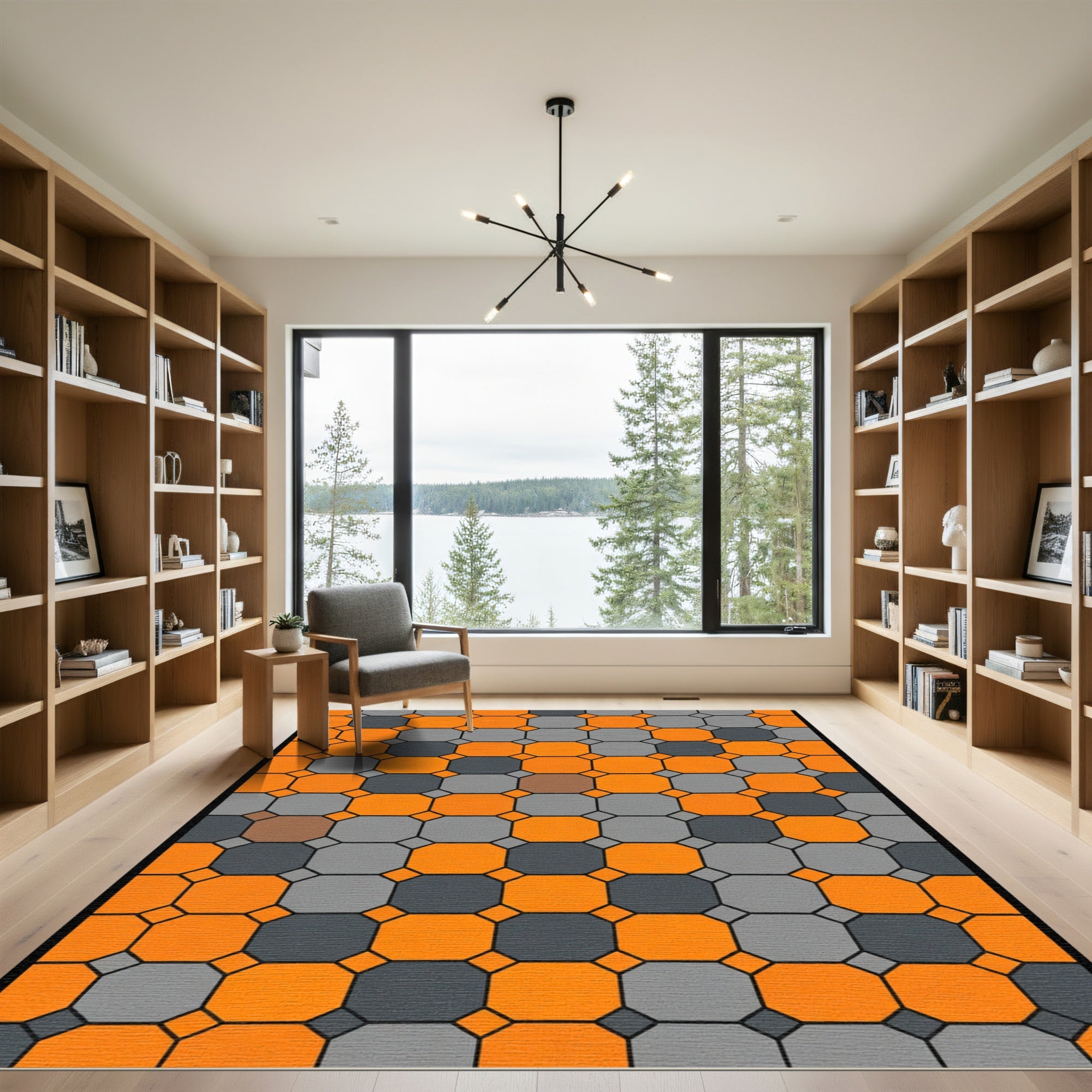 Orange Gray Octagon Grid Rug