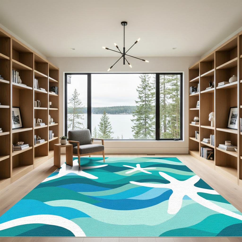 White Starfish Ocean Waves Rug