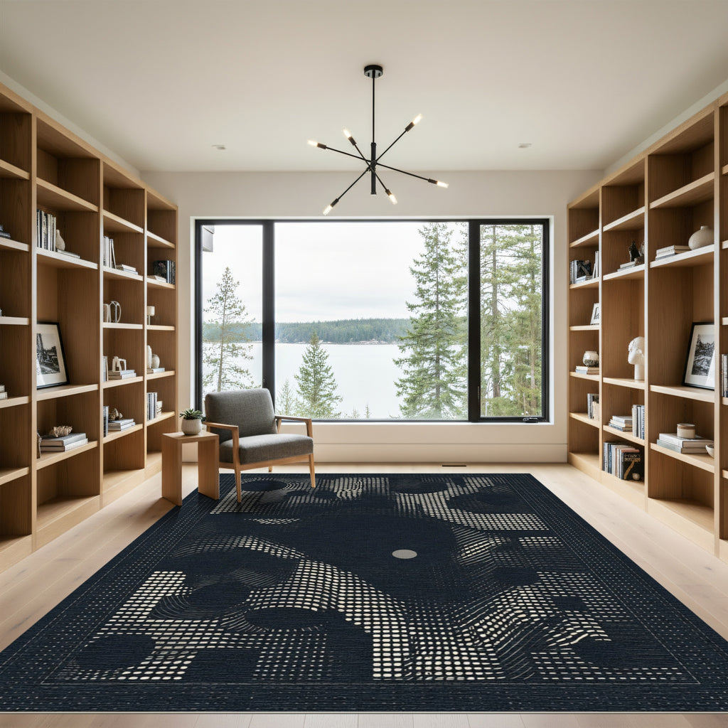 Dark Textured Abstract Dot and Line Rug