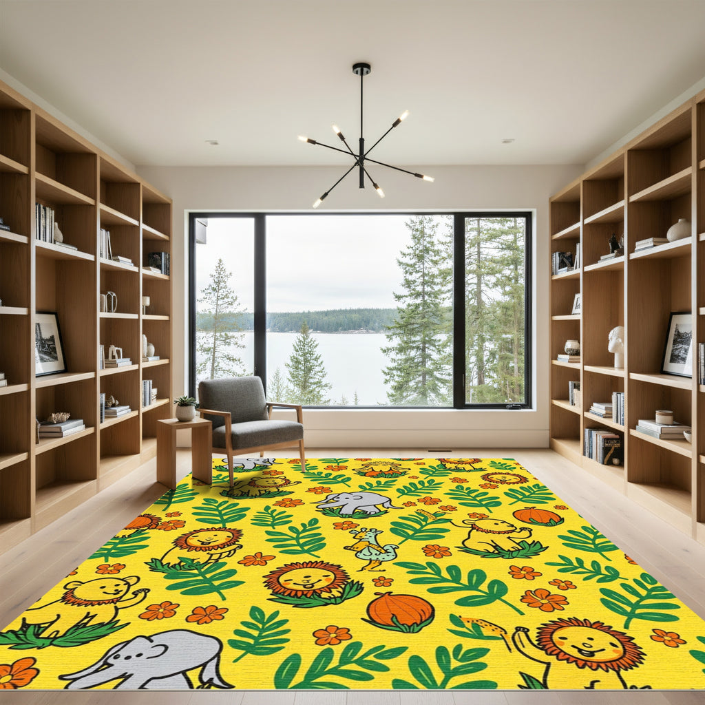 Happy Jungle Animals Floral Pattern Rug
