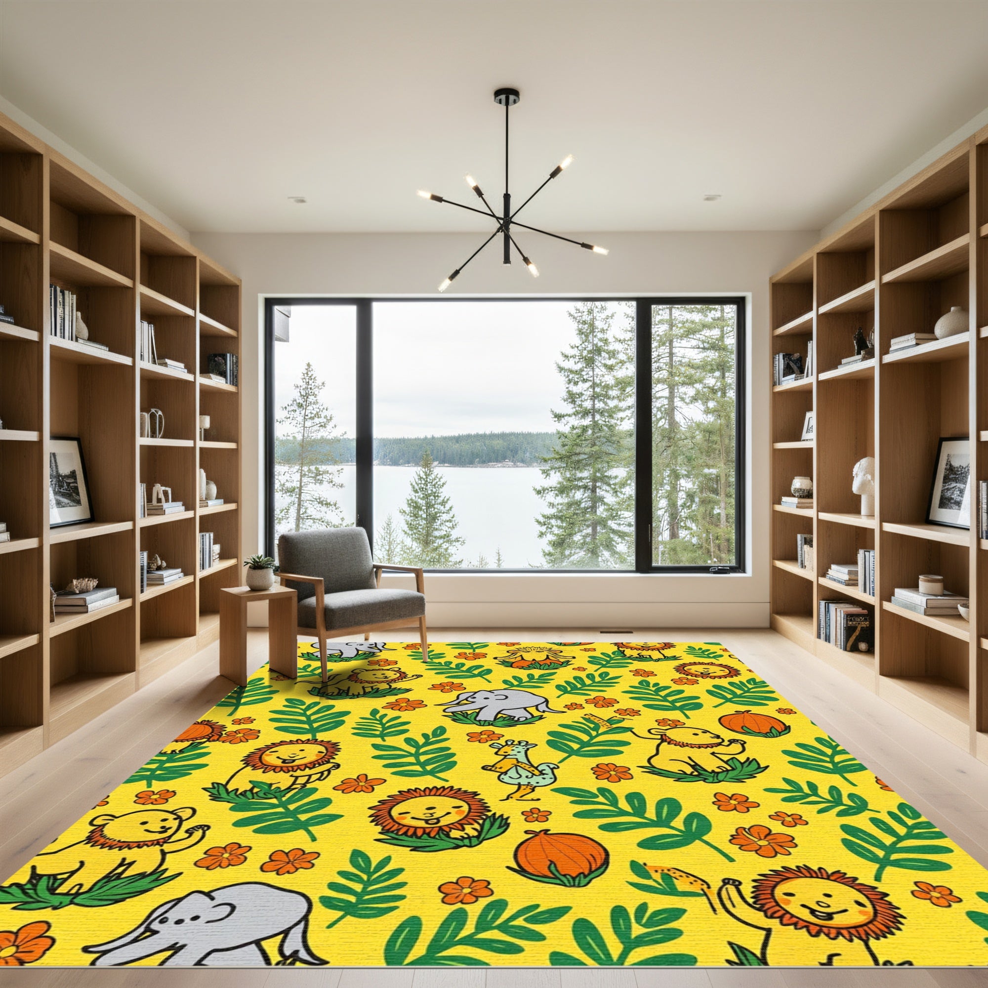 Happy Jungle Animals Floral Pattern Rug