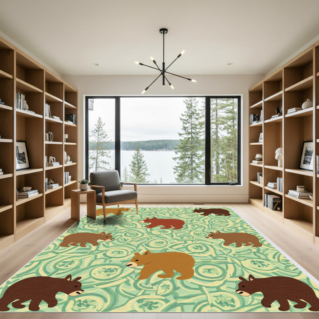 Whimsical Brown Bears Mint Swirl Rug