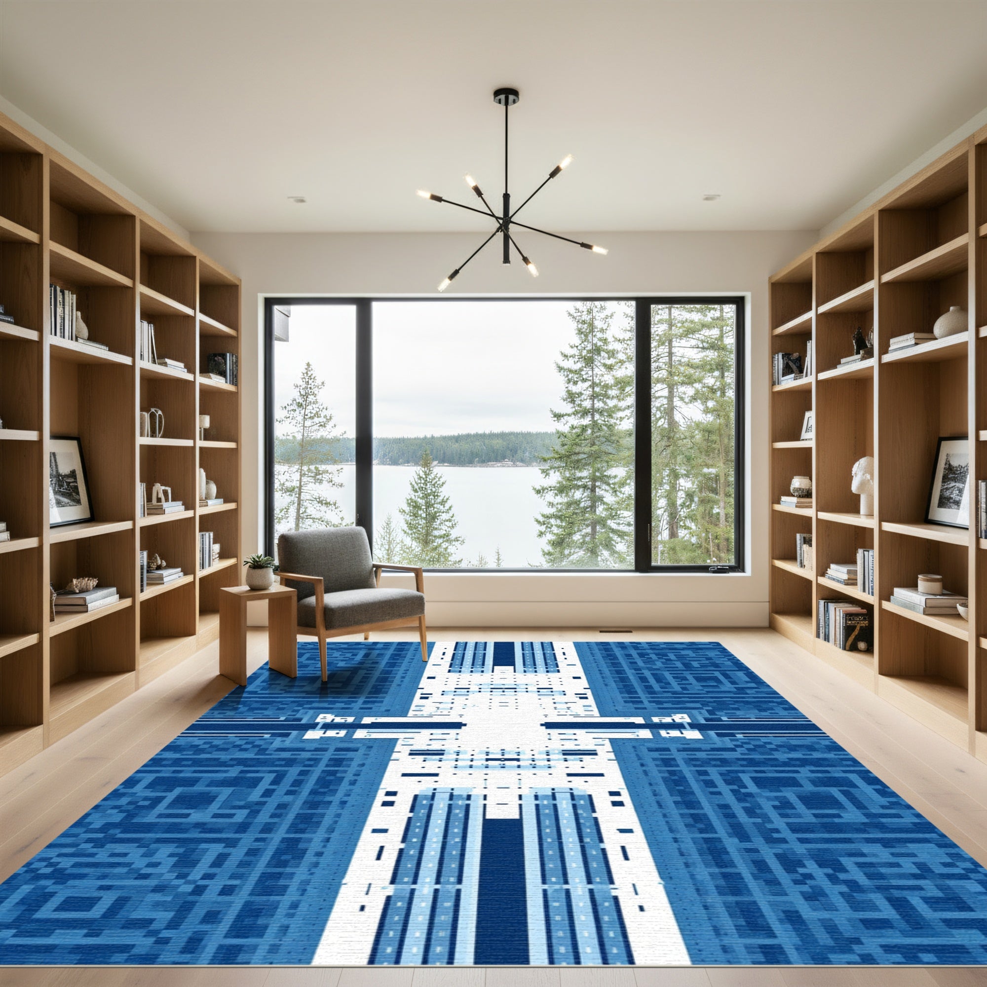 Deep Blue Geometric Maze Rug
