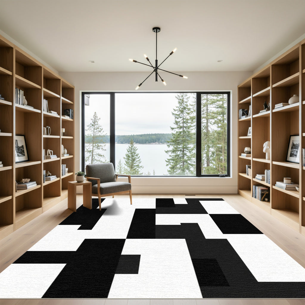 Modern Black White Abstract Blocks Rug