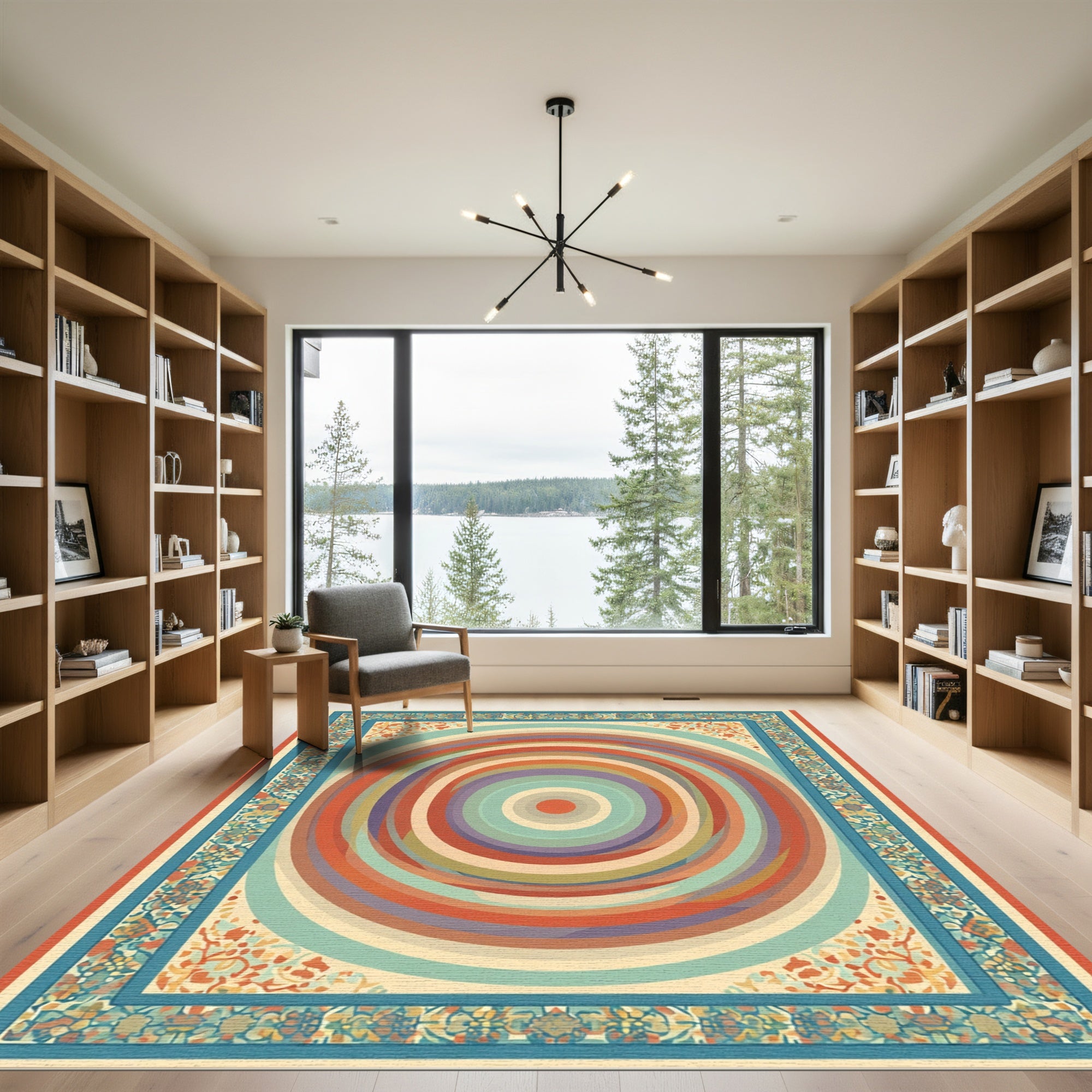 Colorful Concentric Circles Floral Border Rug