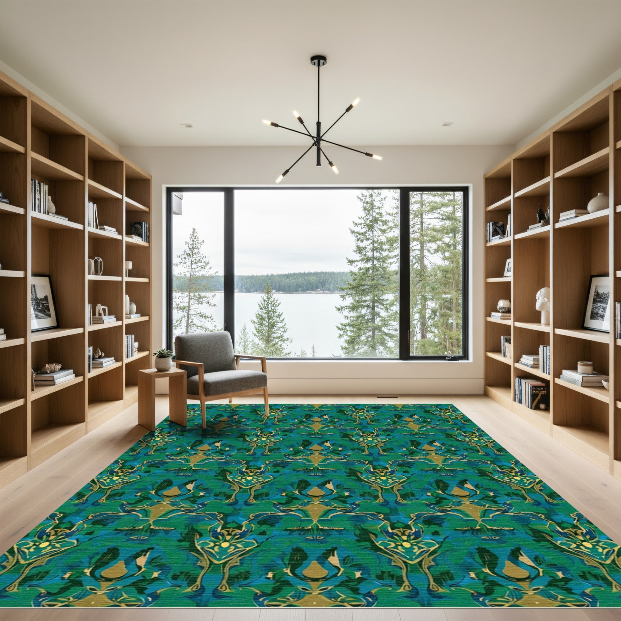 Emerald Gold Abstract Damask Rug