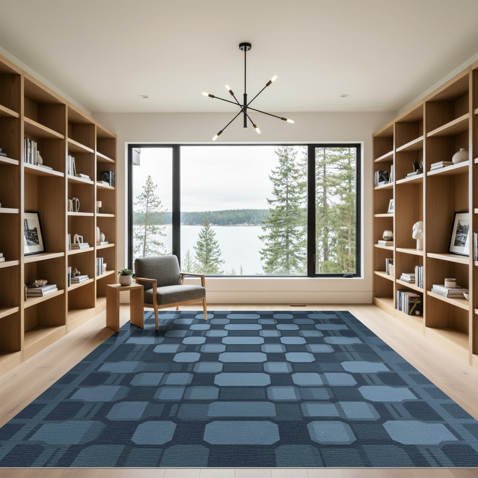 Modern Blue Octagon Grid Rug