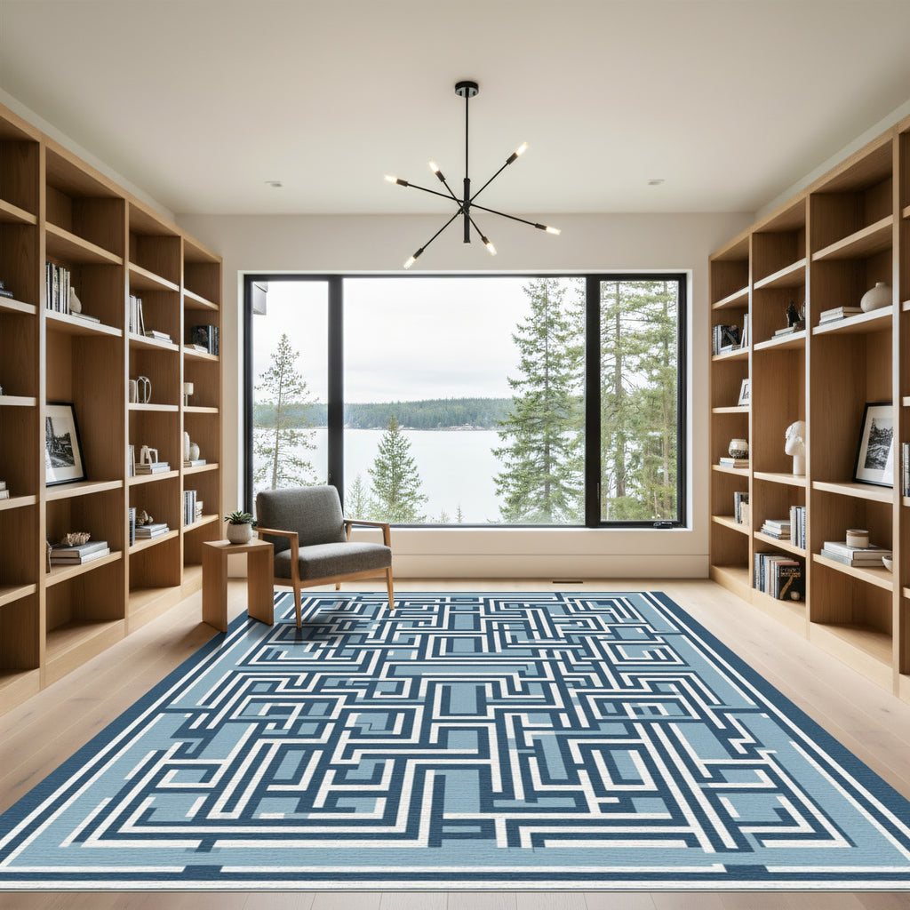 Navy Blue Geometric Maze Abstract Rug
