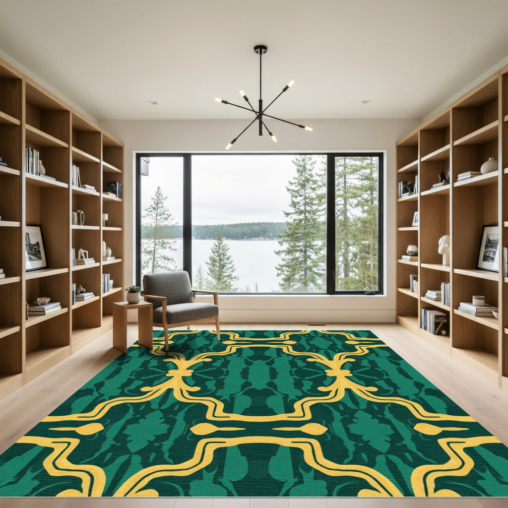 Emerald Gold Baroque Damask Rug