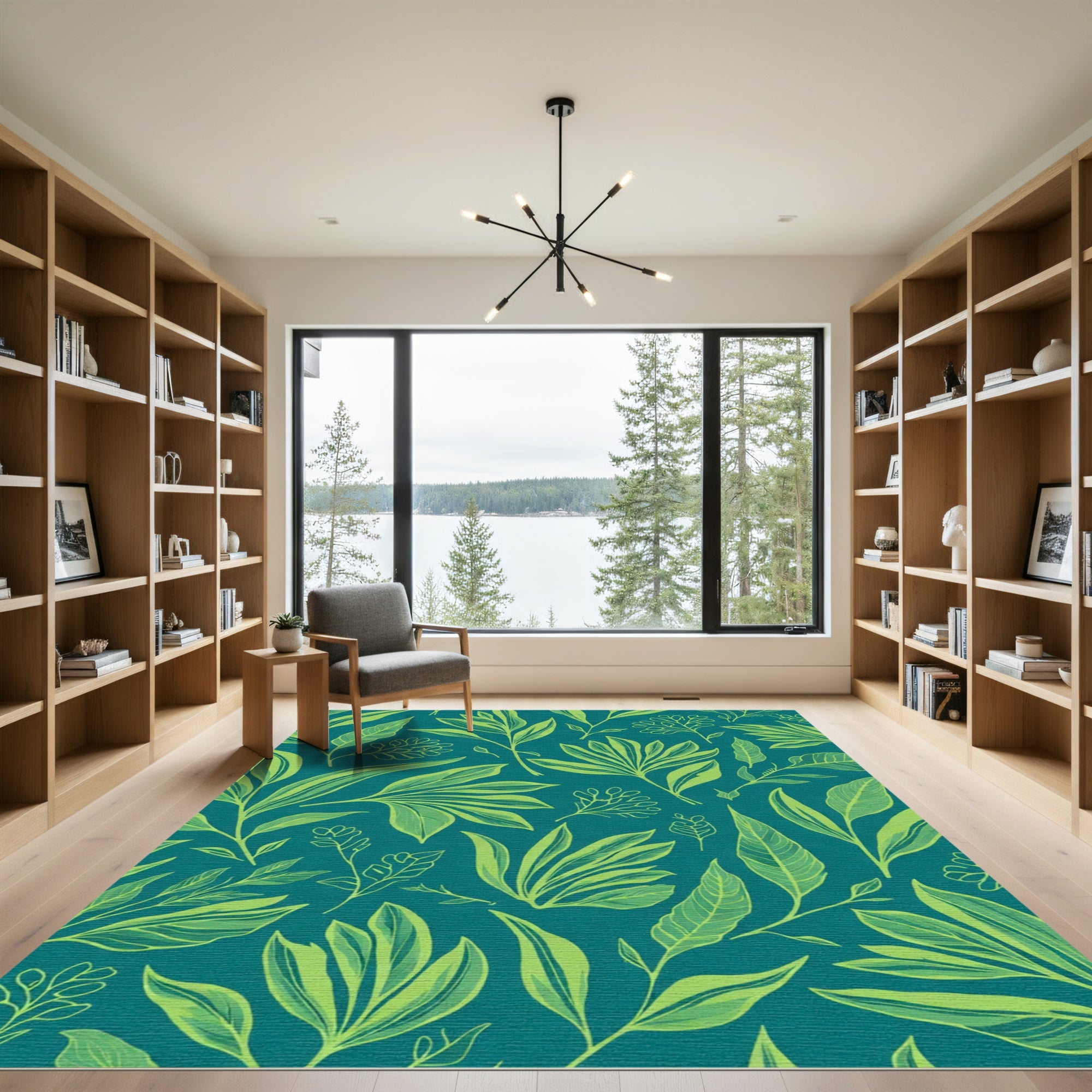 Teal Lime Leaf Botanical Arrangement Rug