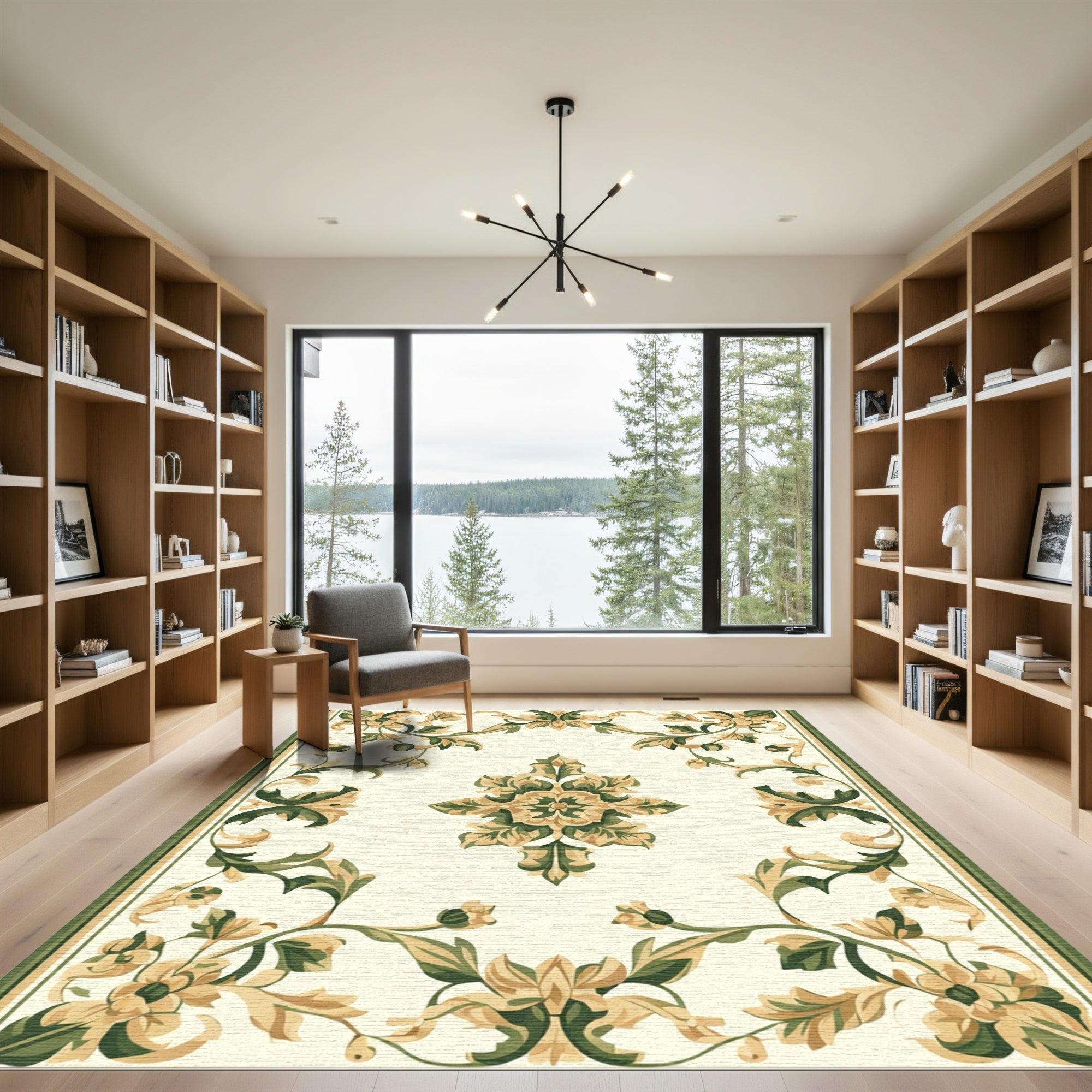 Elegant Green Floral Medallion Border Rug