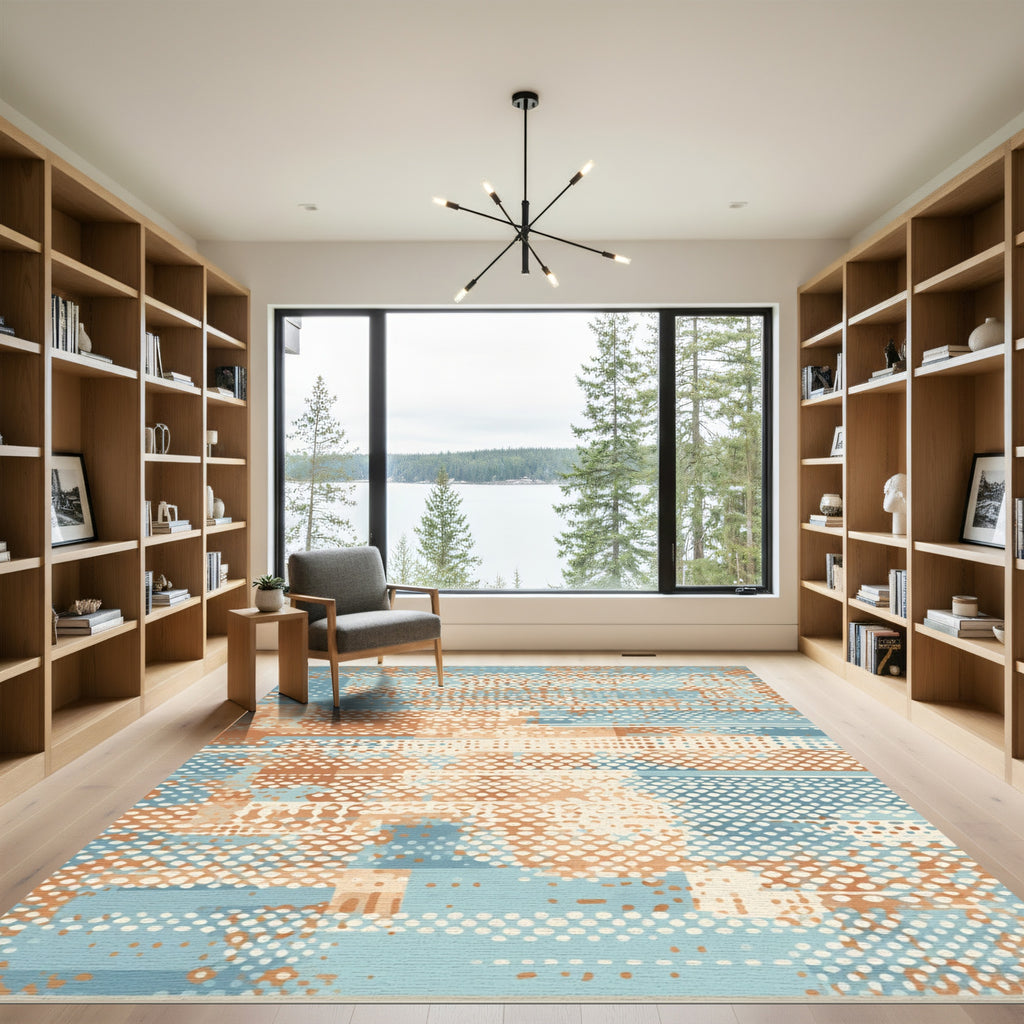 Terracotta Blue Abstract Pixelated Lines Rug