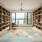 Terracotta Blue Abstract Pixelated Lines Rug