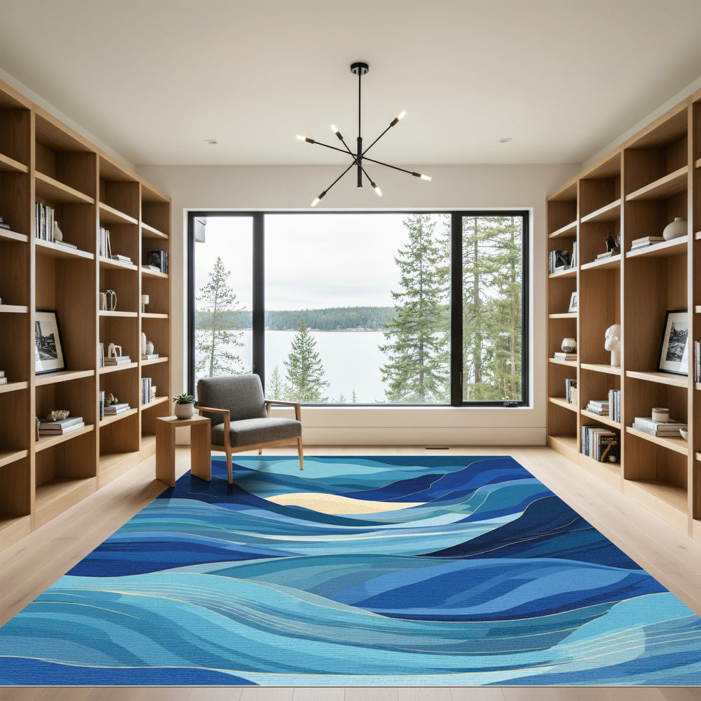 Deep Blue Abstract Wavy Landscape Rug