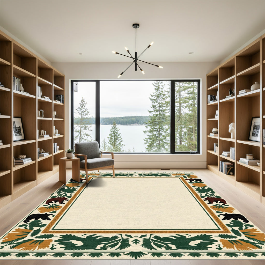Forest Bears Orange Flowers Green Border Rug