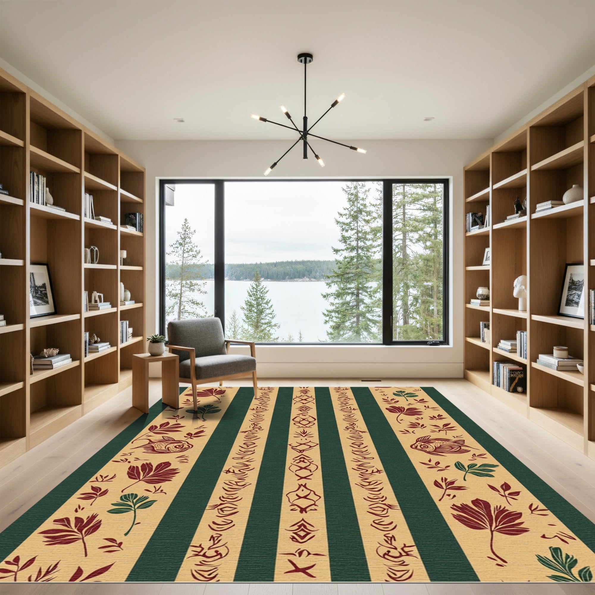 Crimson Green Striped Fish Botanical Rug