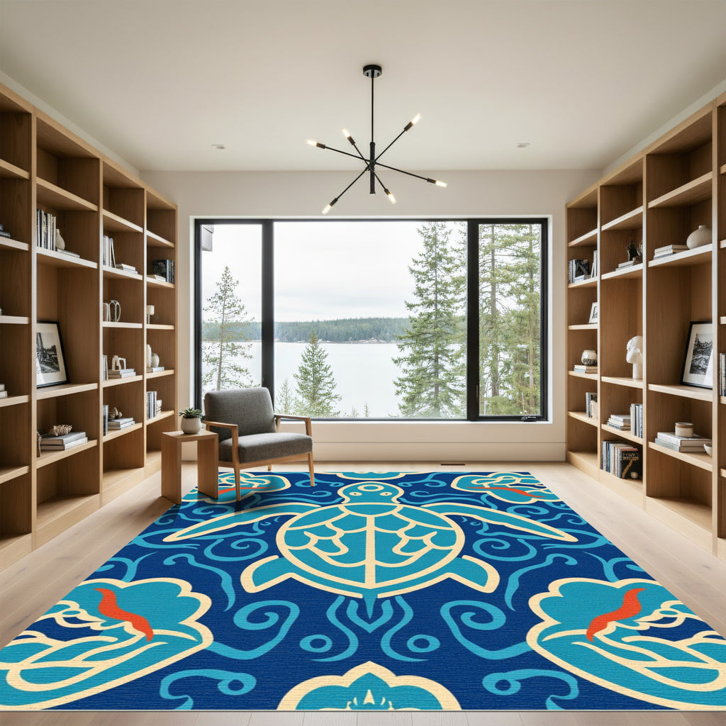 Coastal Turtle Wave Medallion Blue Rug