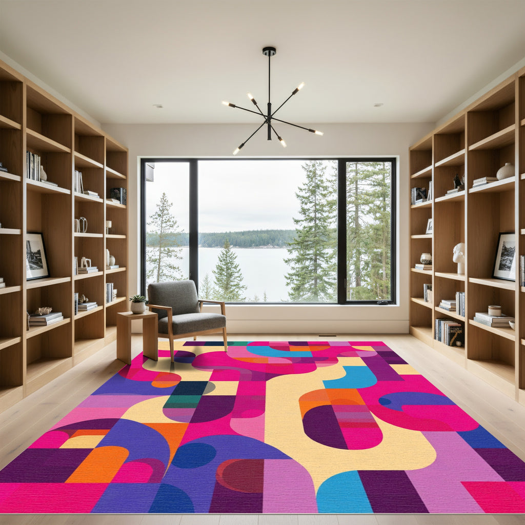 Vibrant Pink Geometric Mid Century Rug