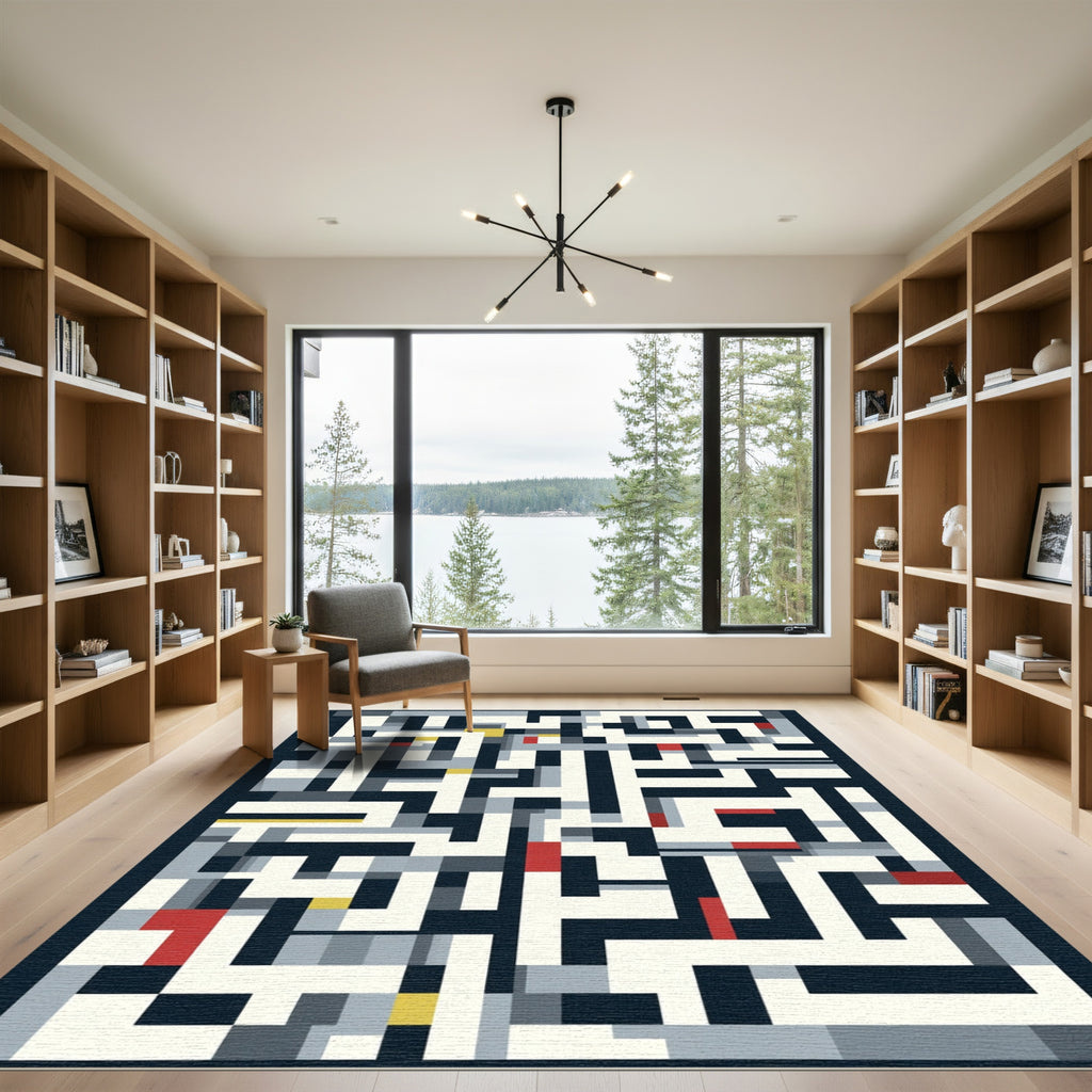Modern Geometric Labyrinth Navy Cream Rug