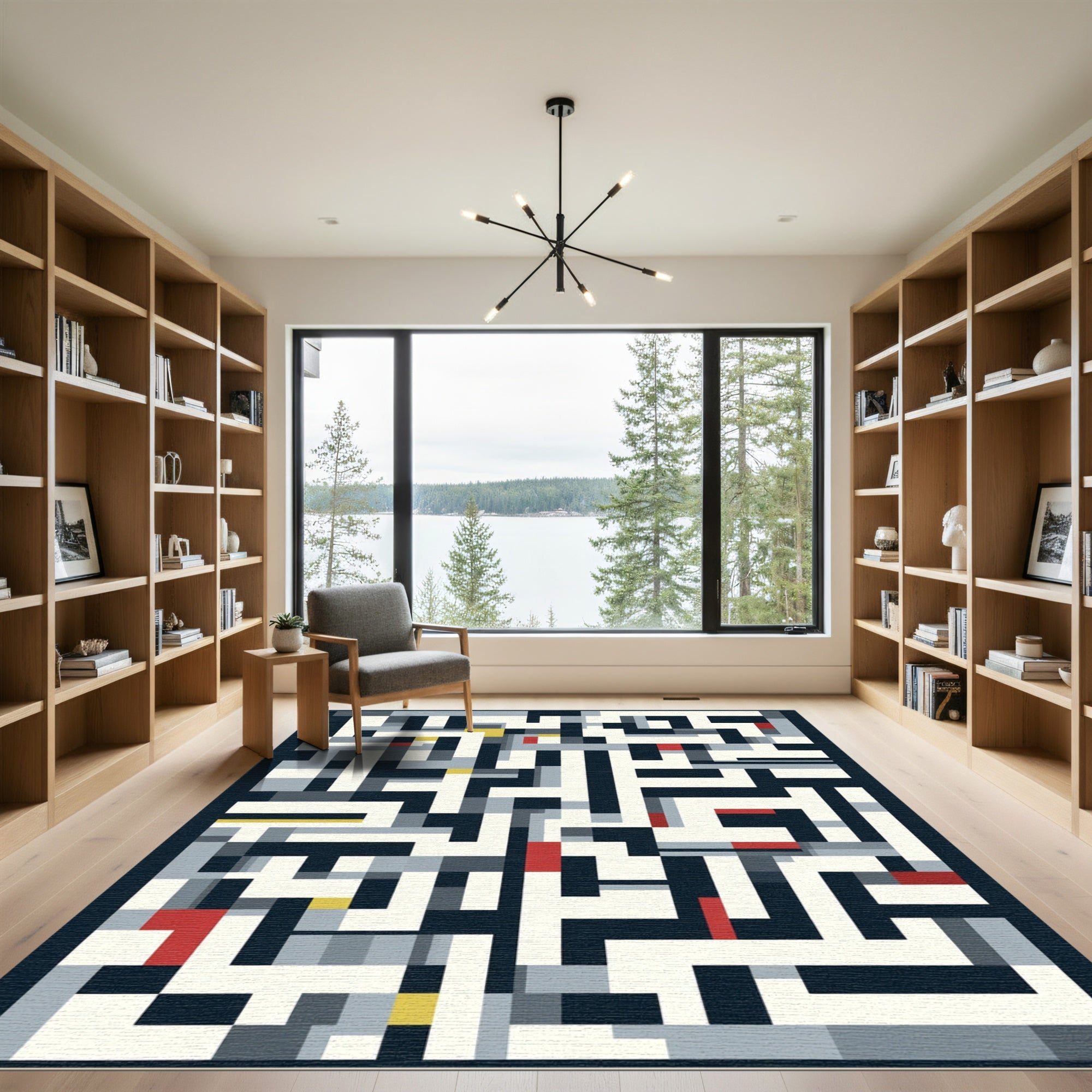 Modern Geometric Labyrinth Navy Cream Rug