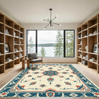 Cream Red Teal Floral Medallion Symmetrical Rug