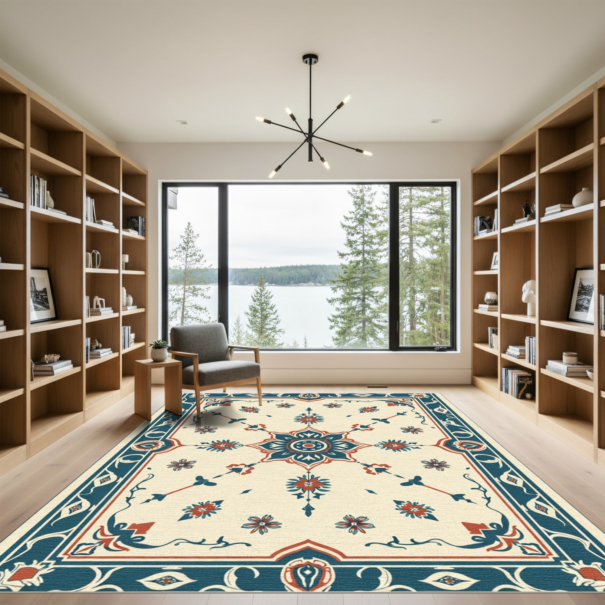Cream Red Teal Floral Medallion Symmetrical Rug