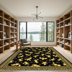 Golden Birds Black Whimsical Repeating Rug