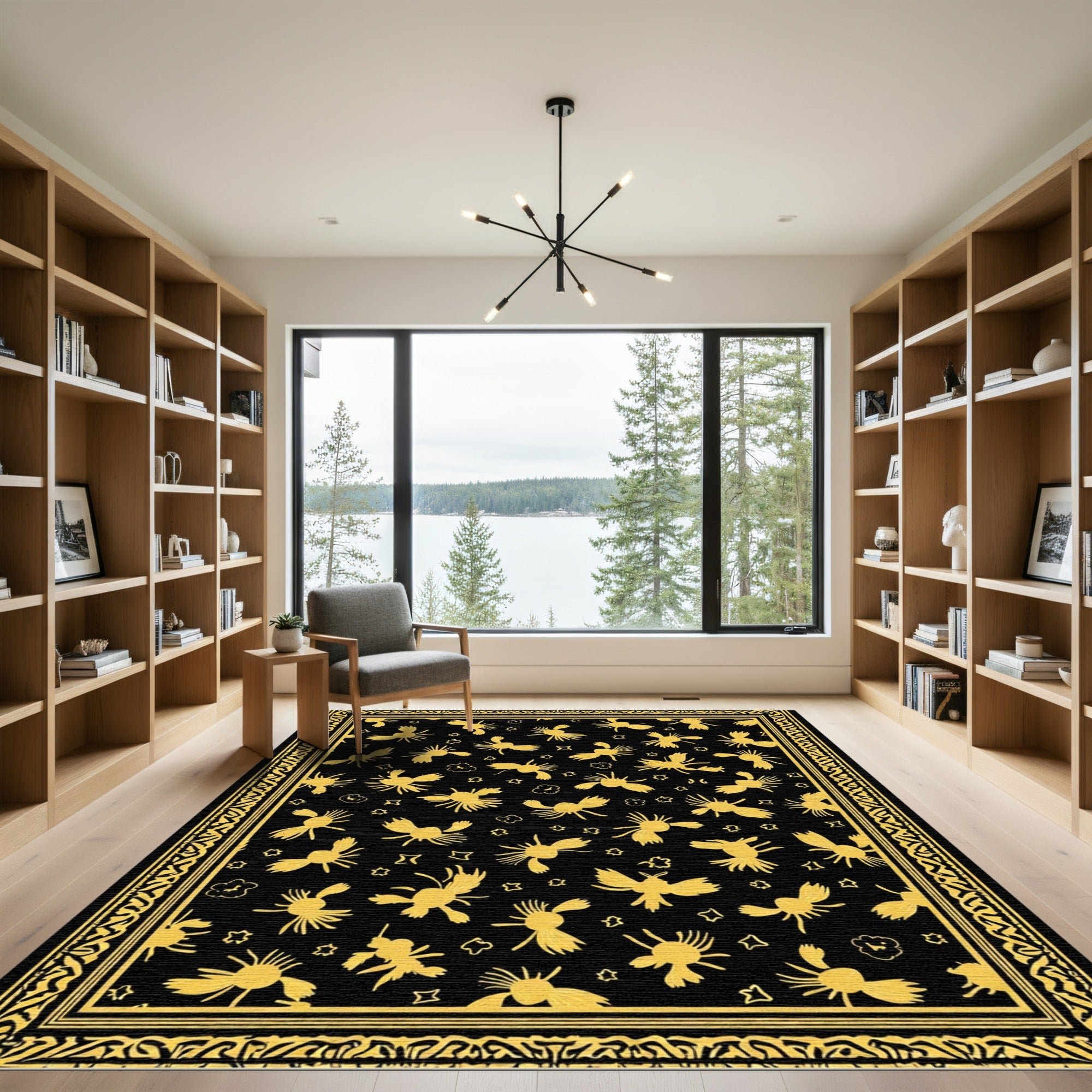 Golden Birds Black Whimsical Repeating Rug
