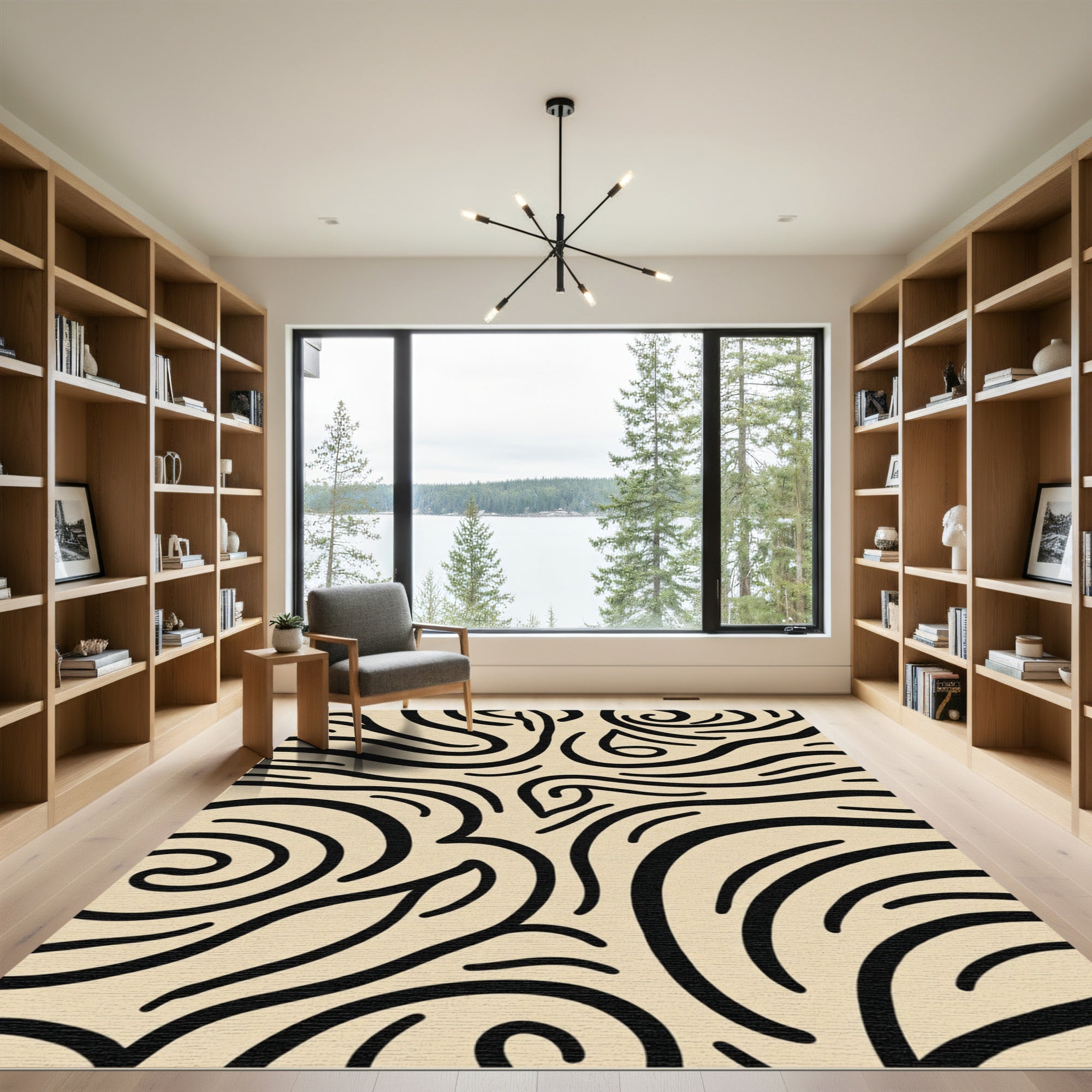 Cream Black Swirling Abstract Lines Rug