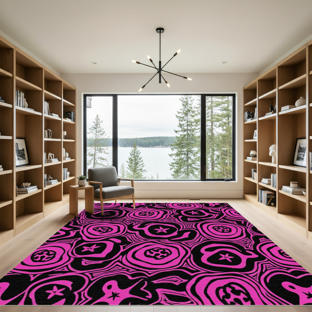 Vivid Pink Black Organic Swirl Rug