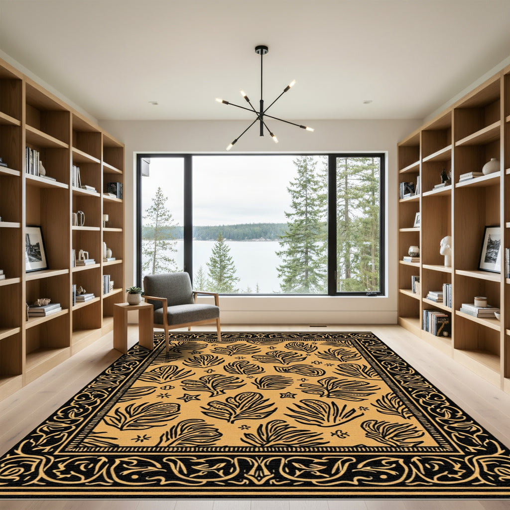 Golden Ochre Leaf Border Rug