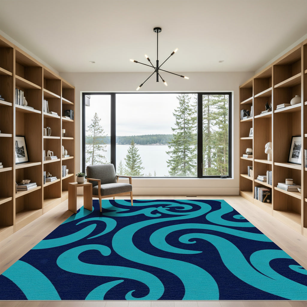 Teal Swirls On Navy Ocean Rug