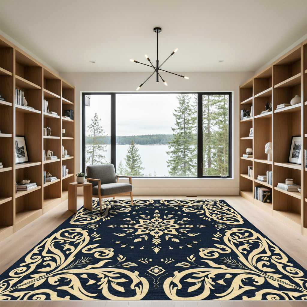 Cream Floral Medallion Navy Rug