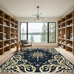 Cream Floral Medallion Navy Rug