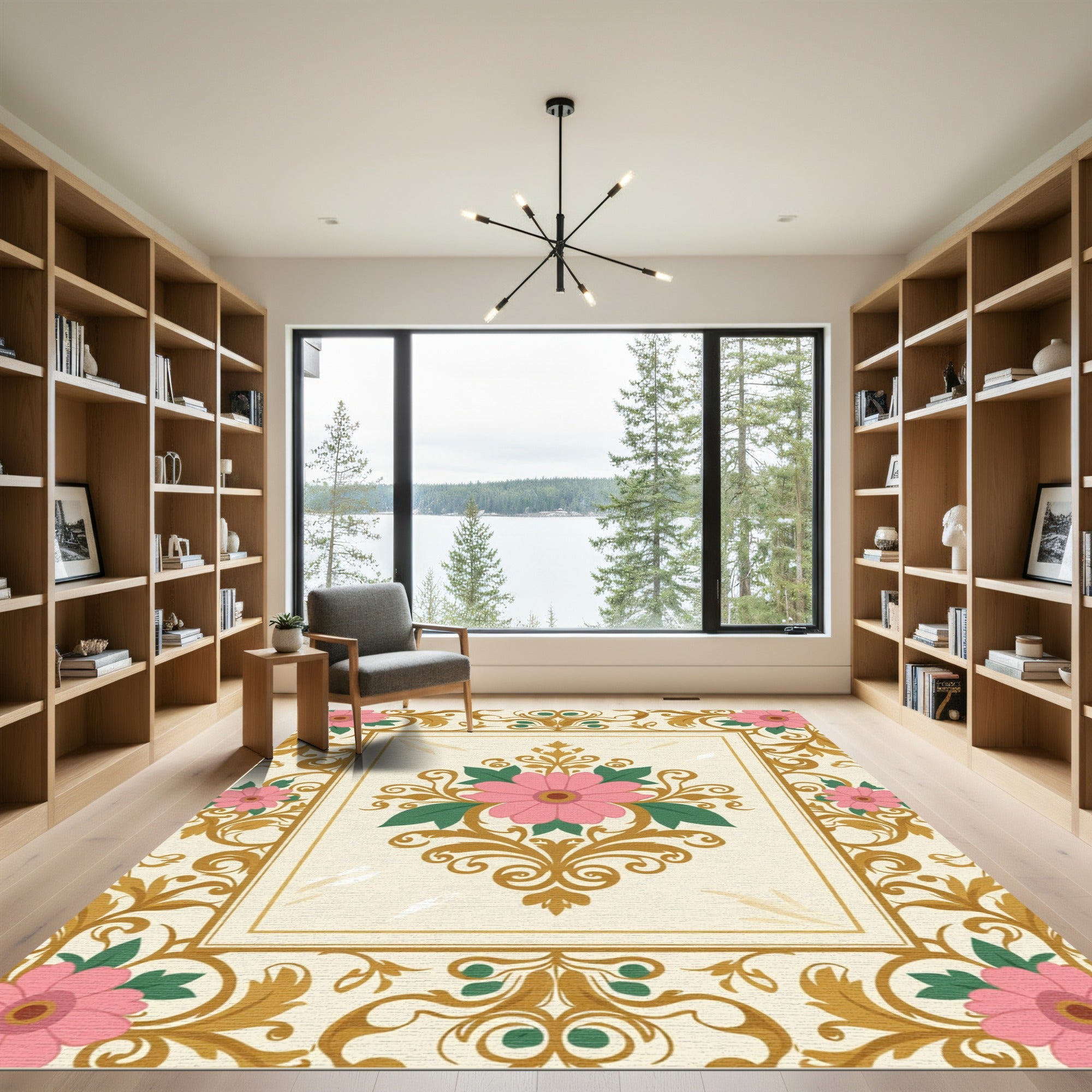 Pink Floral Golden Swirl Ornament Rug