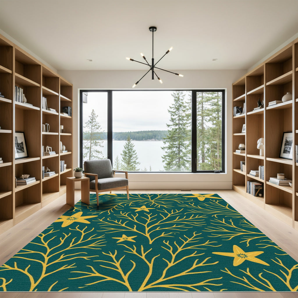 Yellow Coral Starfish Teal Botanical Rug
