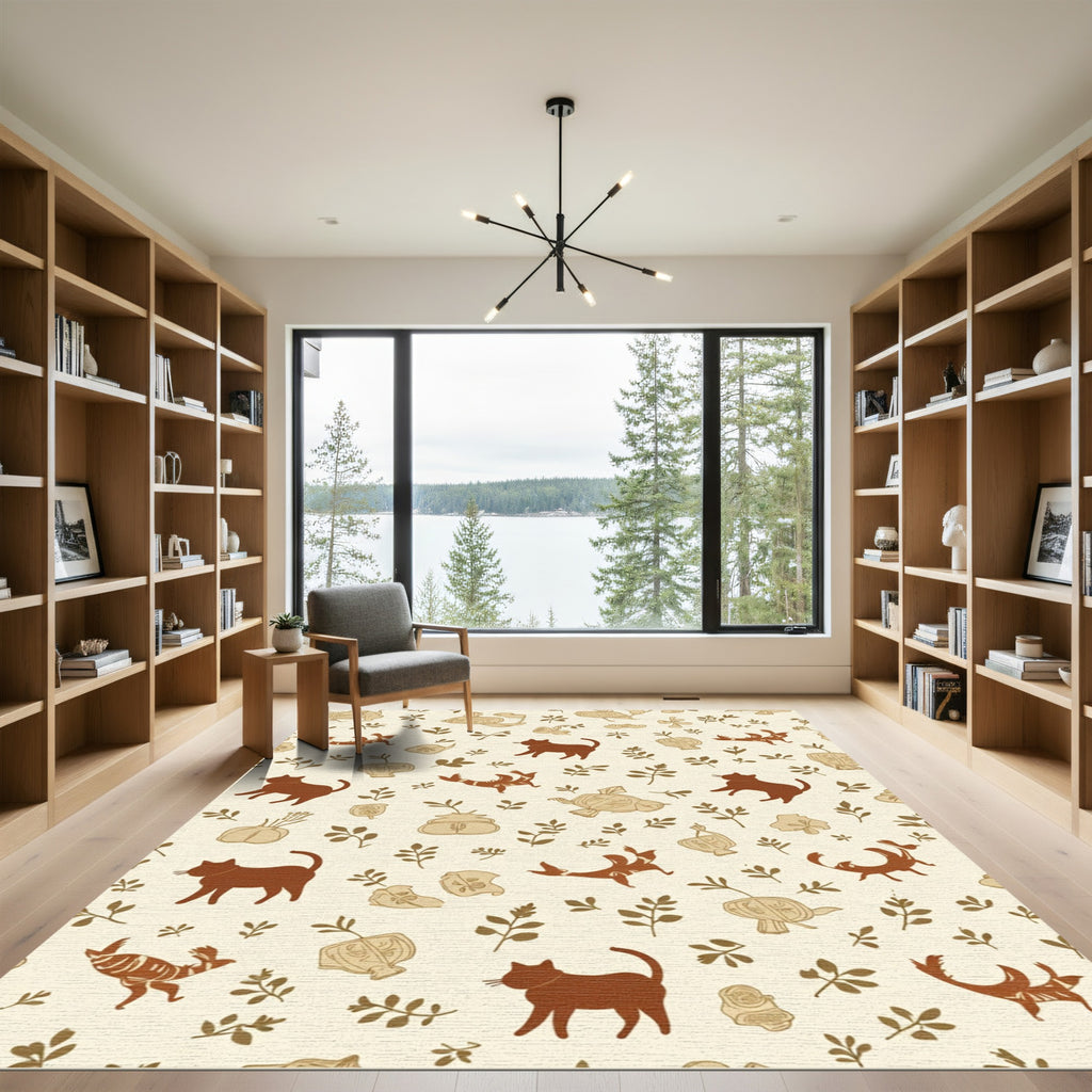 Brown Feline And Floral Whimsical Repeat Rug