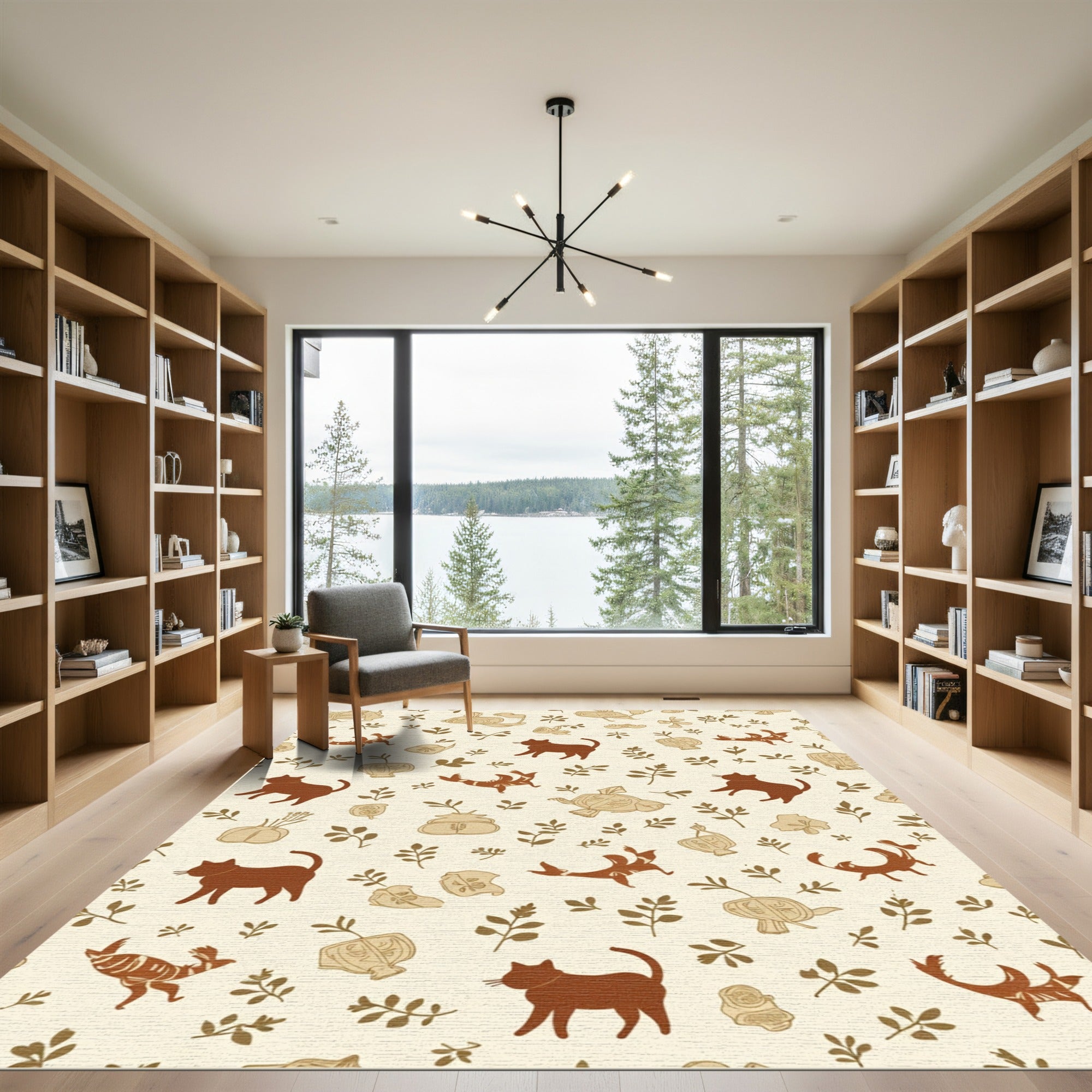 Brown Feline And Floral Whimsical Repeat Rug