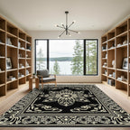 Black Cream Mandala Floral Frame Rug