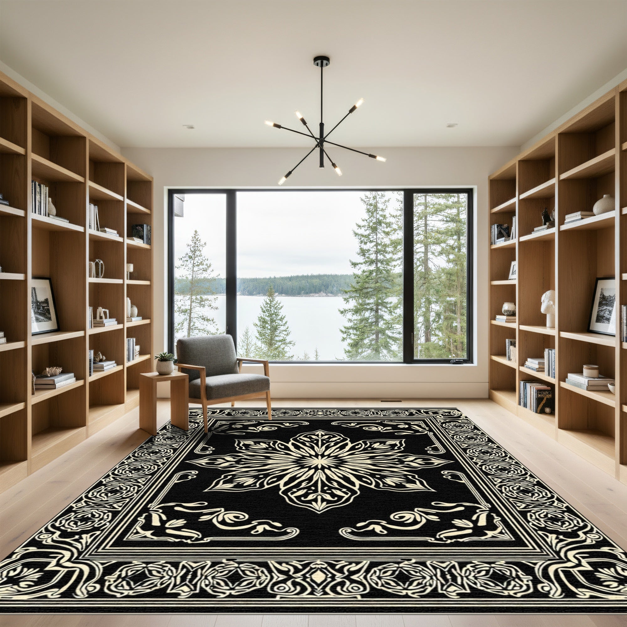 Black Cream Mandala Floral Frame Rug