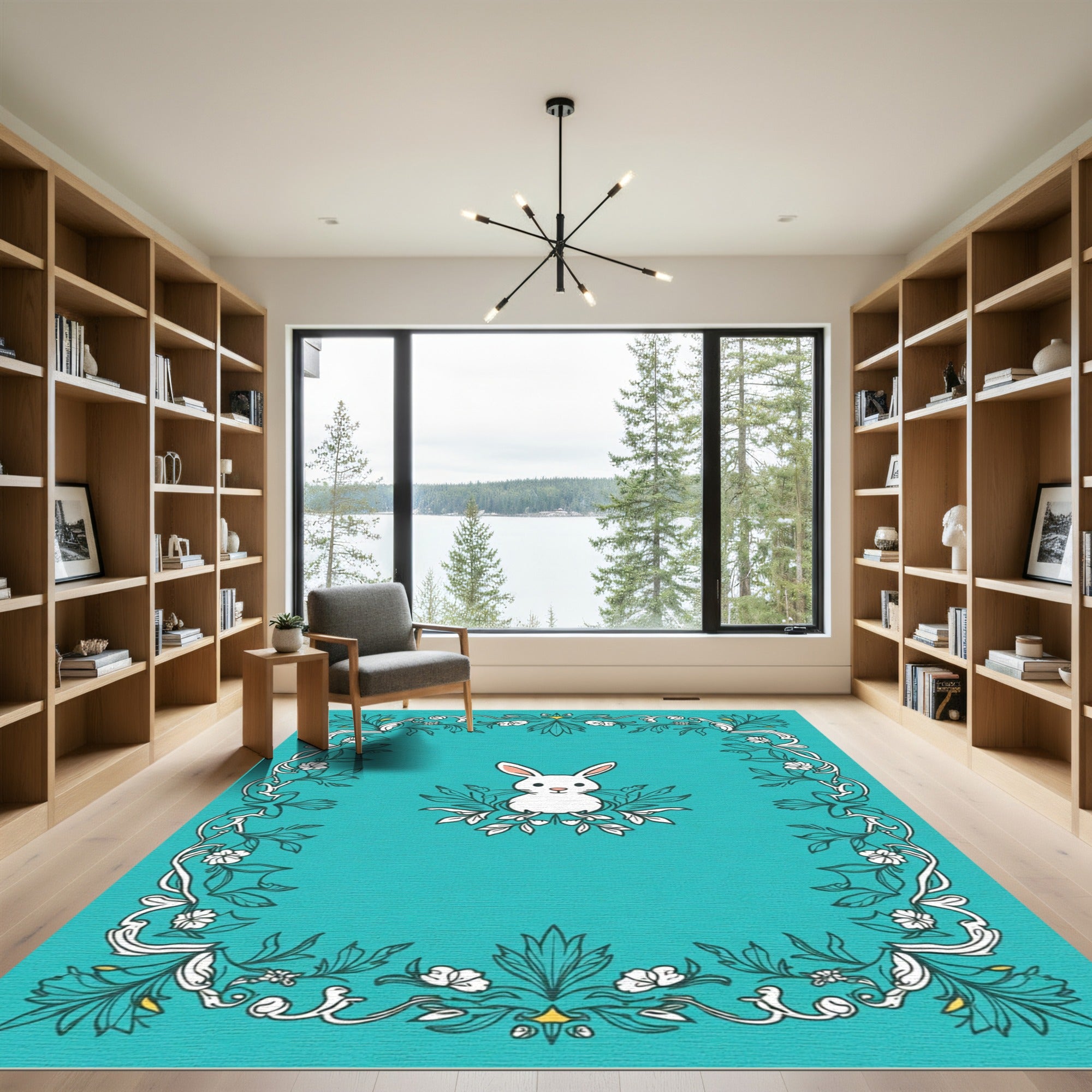 Whimsical White Rabbit Floral Border Rug
