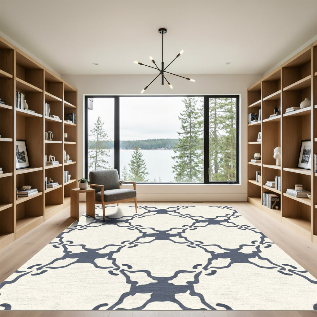Cream Navy Interlocking Quatrefoil Rug