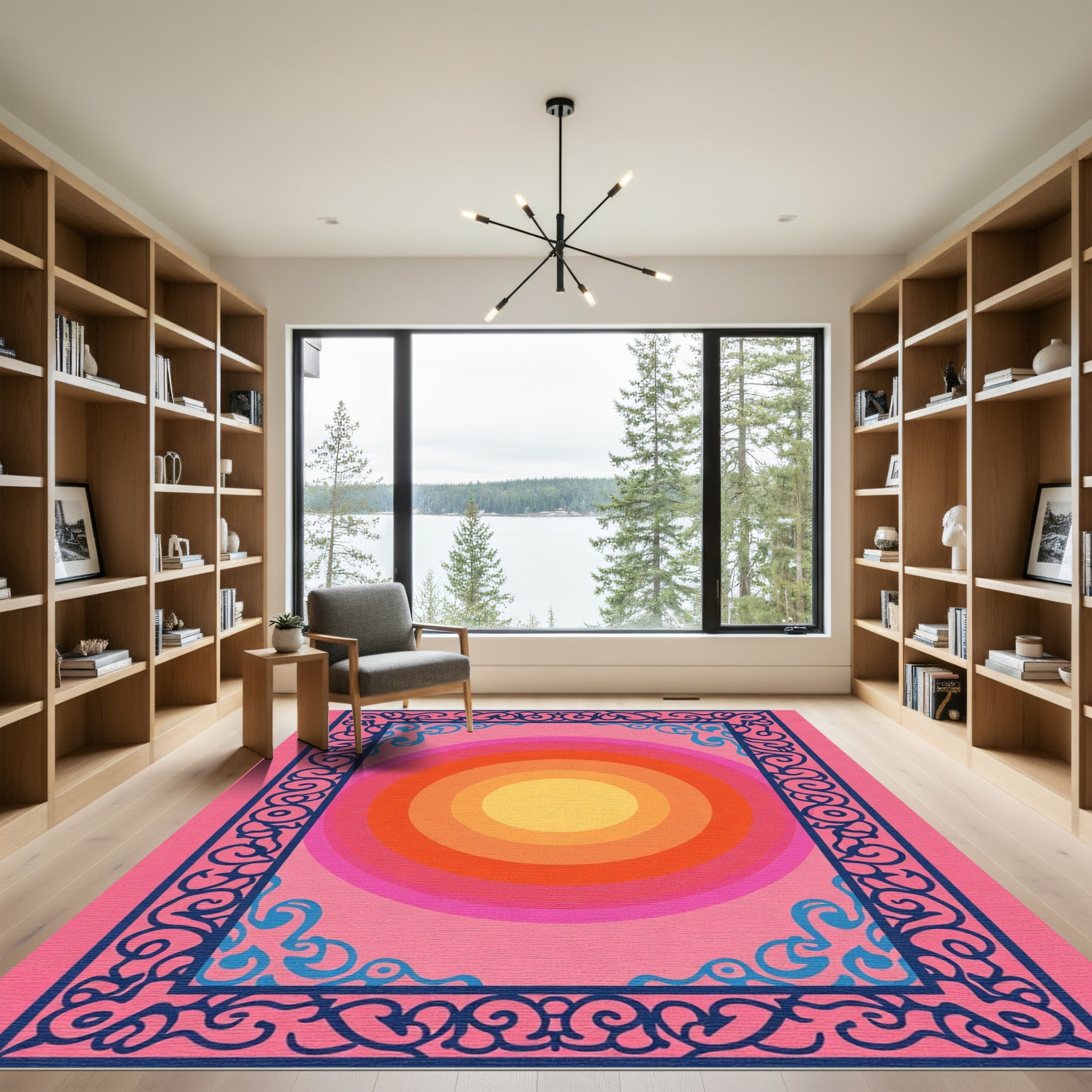 Pink Sunset Concentric Circles Border Rug