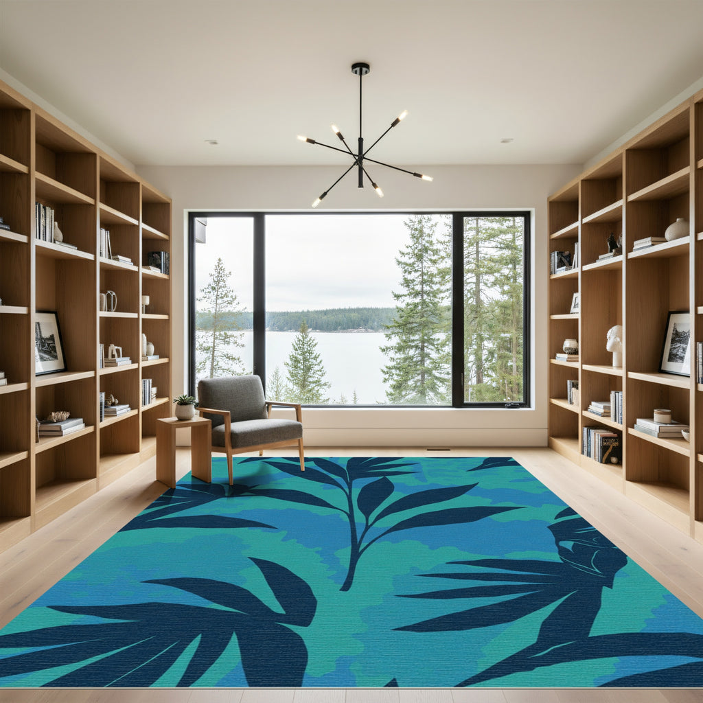 Teal Blue Leafy Tropical Abstract Rug