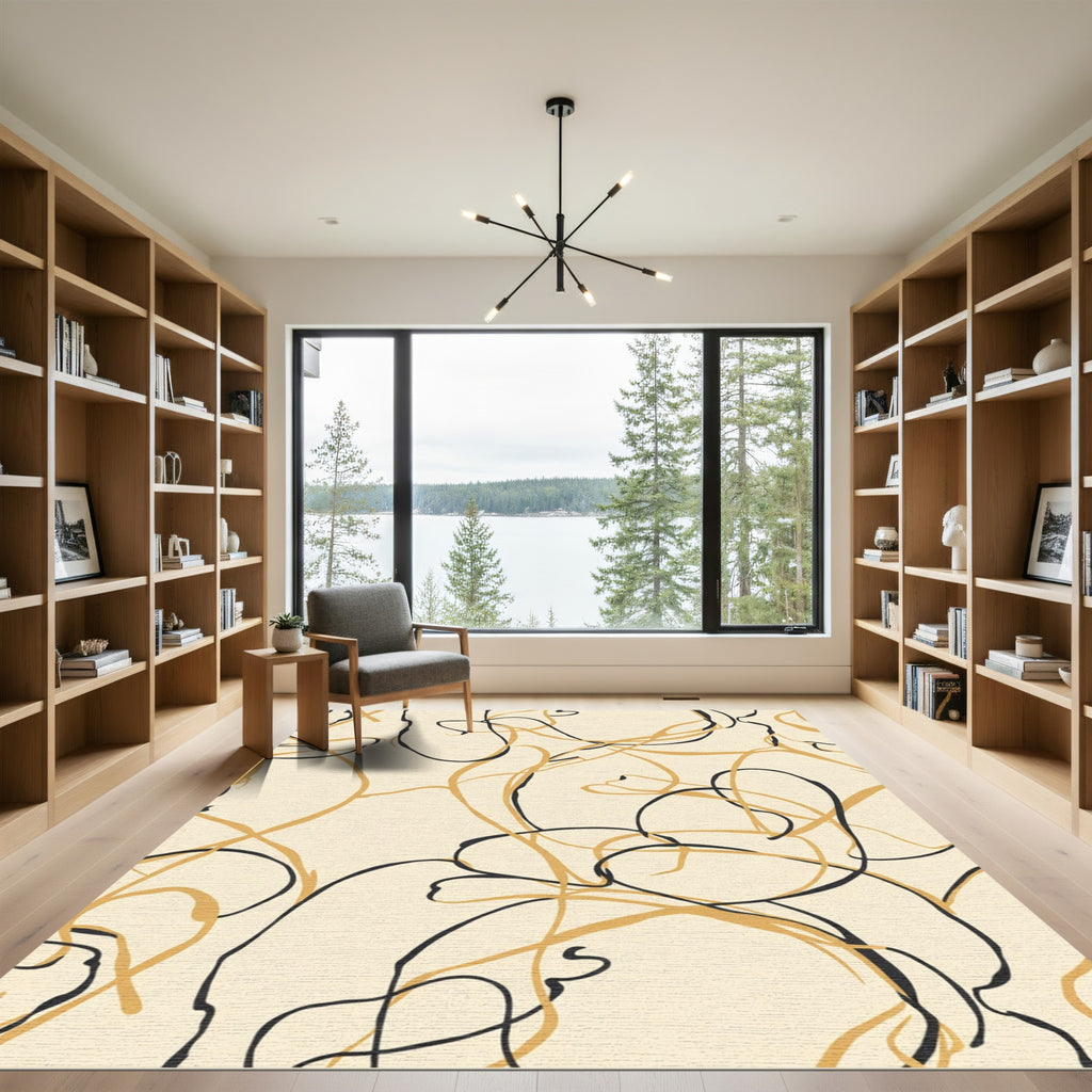 Cream Abstract Swirls with Black Strokes Rug