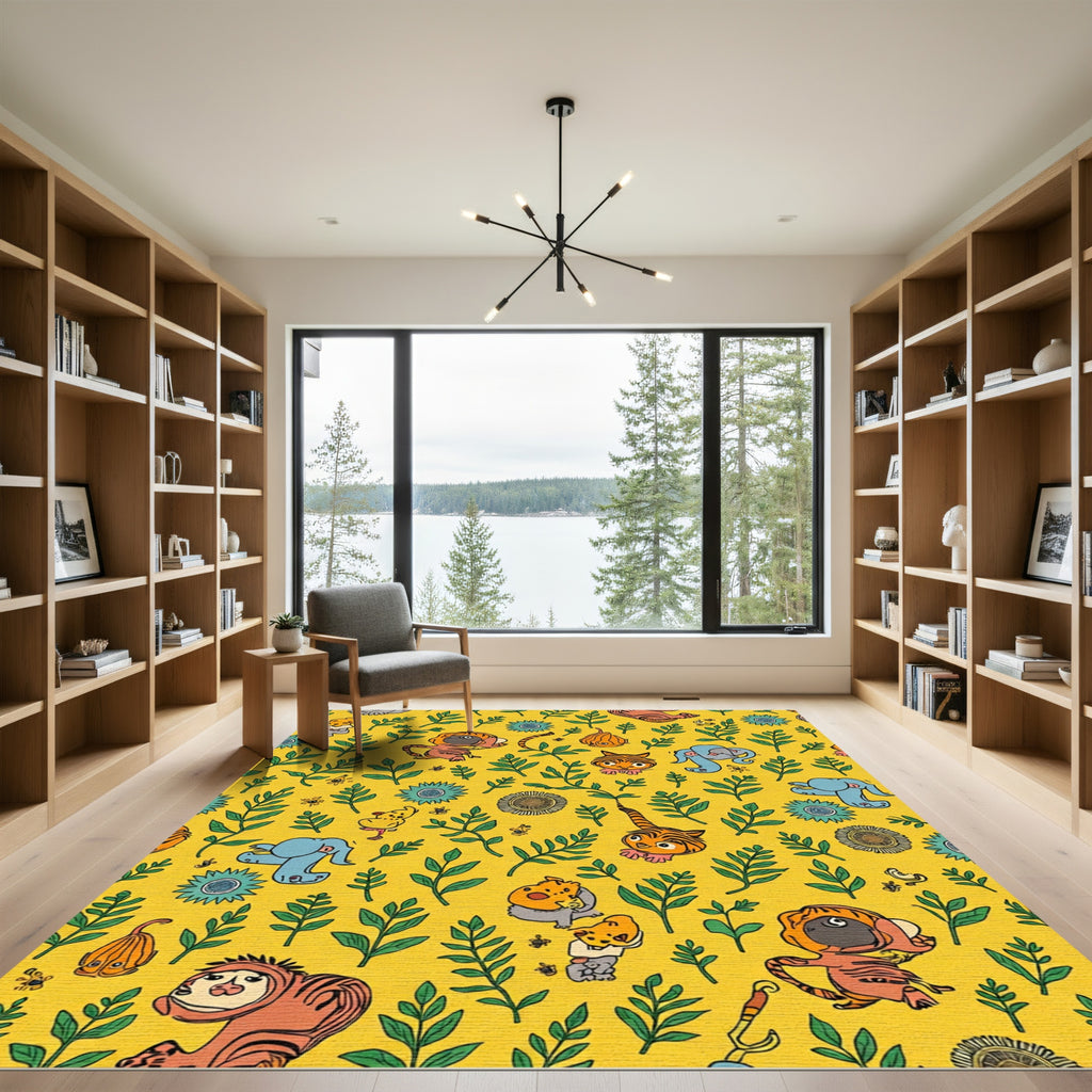 Whimsical Yellow Jungle Animals Herbal Pattern Rug