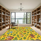 Whimsical Yellow Jungle Animals Herbal Pattern Rug