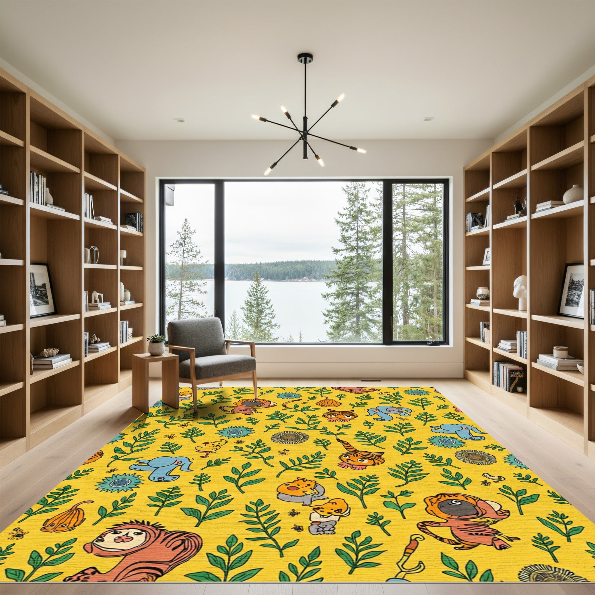 Whimsical Yellow Jungle Animals Herbal Pattern Rug