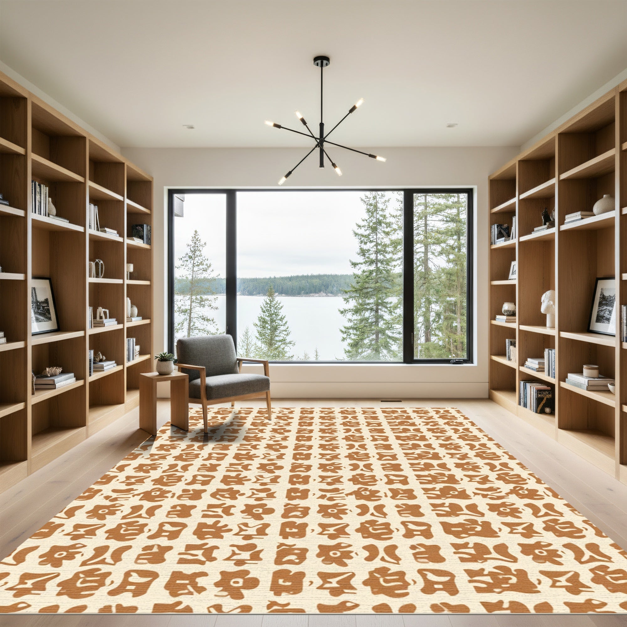 Tan Brown Abstract Square Grid Rug